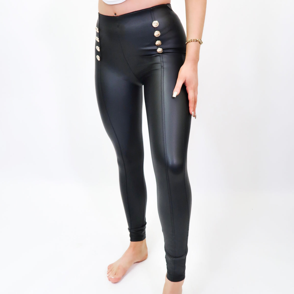 Siobhan Black Double Buttoned Faux Leather PU High Waist Leggings